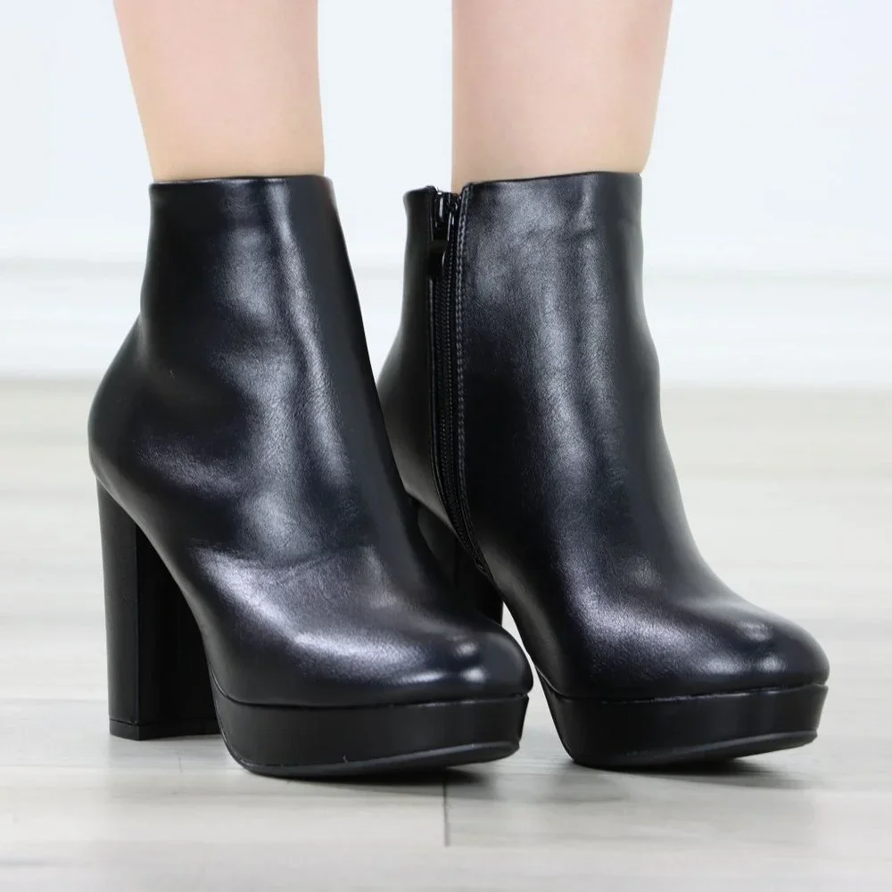 Womens Chunky Platform High Heeled Bootie Zip Up Black Ankle Boots Block Heel - Picture 10 of 15